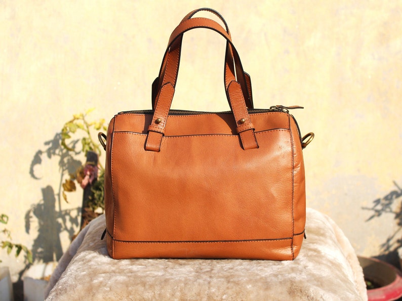 Women's Satchel Bag , light Tan Genuine Leather bag with crossbody strap image 2