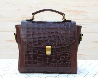 Handmade Croc-Embossed Leather Satchel: Brown Top Handle Handbag
