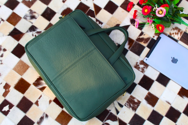 Genuine Leather Laptop bag , 14 inch Laptop compartment , emerald green color , adjustable shoulder strap, Birthday gift for him image 1