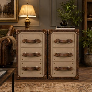 Puede incluir: Dos cajoneras a juego de tres cajones con acabado en beige claro, bordes de aspecto cuero marrón oscuro y detalles decorativos de metal en las esquinas. Cada cajón tiene un tirador marrón oscuro sujeto con herrajes de tono latón.