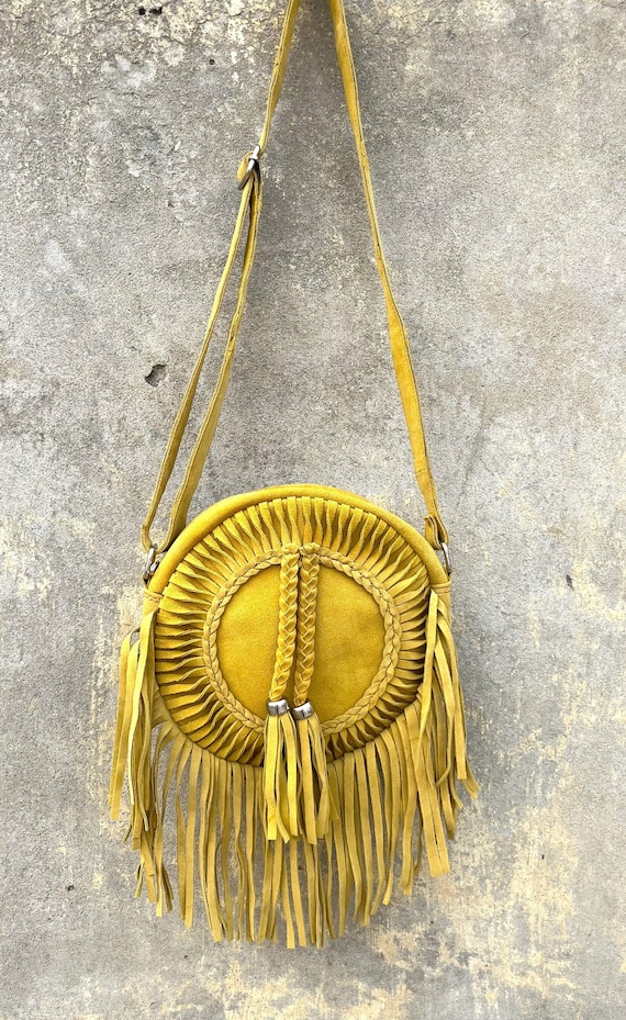 Bohemian Crossbody Bag With Fringe , Yellow Color , Boho
