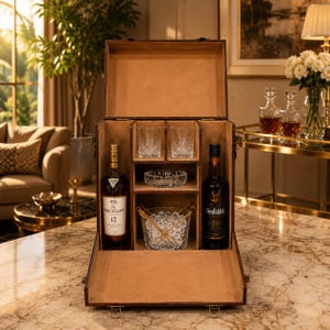 May include: A wooden bar trunk with a tan interior containing two crystal whiskey glasses, a glass ashtray, a glass ice bucket with metal tongs, and two bottles of scotch whiskey labeled The Macallan 12 and Glenfiddich 18.