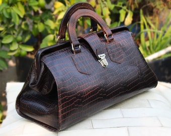 Coffee Brown Doctor bag , Genuine Leather , top handle purse , Crocodile texture , Mother's day Gift