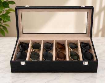 Jet Black Crocodile Design Leather Sunglasses Box, 6-Slot Eyewear Organizer