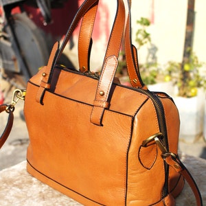 Women's Satchel Bag , light Tan Genuine Leather bag with crossbody strap image 4