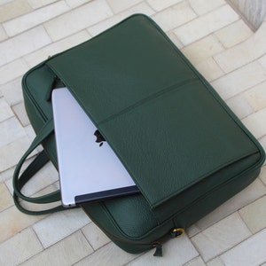 Genuine Leather Laptop bag , 14 inch Laptop compartment , emerald green color , adjustable shoulder strap, Birthday gift for him image 2