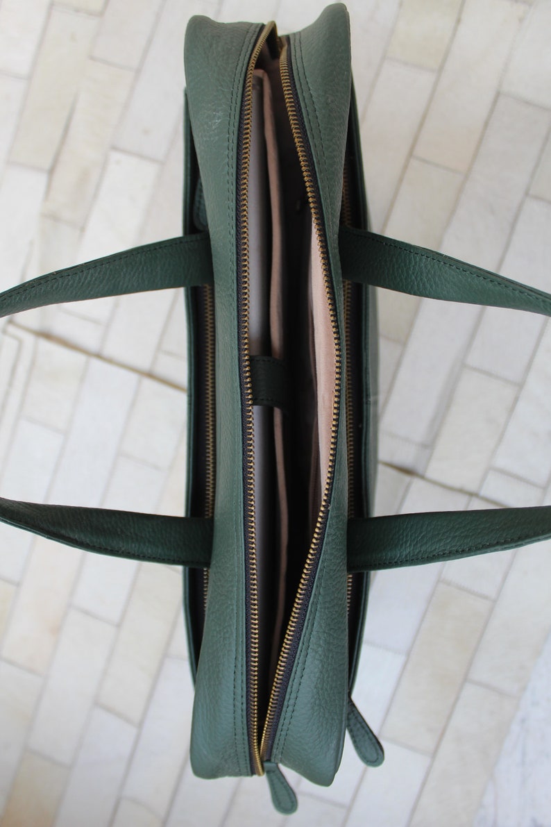 Genuine Leather Laptop bag , 14 inch Laptop compartment , emerald green color , adjustable shoulder strap, Birthday gift for him image 3