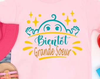 T shirt "Bientôt Grande Soeur" Coton Blanc ou Rose, Idée Cadeau Annonce Grossesse et Naissance Bébé pour Petite Fille FRANCE