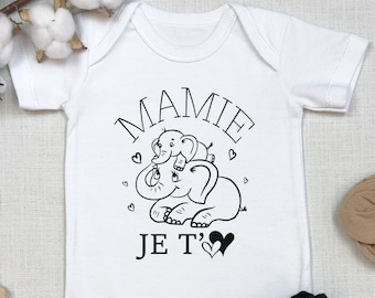 Annonce Grossesse Mamie Bodie Body Bébé personnalisé "MAMIE JE T'AIME" Illustration Eléphant Cadeau Annonce Naissance France