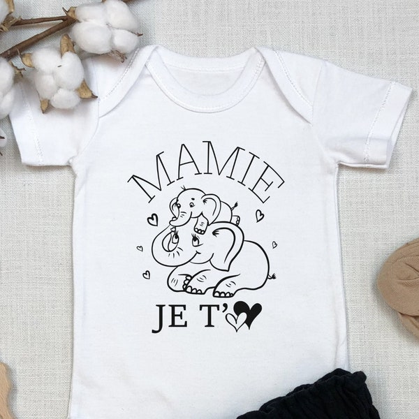 Annonce Grossesse Mamie Bodie Body Bébé personnalisé "MAMIE JE T'AIME" Illustration Eléphant Cadeau Annonce Naissance France