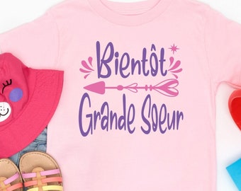 T shirt "Bientôt Grande Soeur" Coton Blanc ou Rose, Idée Cadeau Annonce Grossesse et Naissance Bébé pour Petite Fille FRANCE