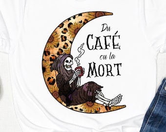 T-shirt Halloween Homme Femme Idée Cadeau Papa Maman Tee Shirt Café Lune et Squelette Drole France