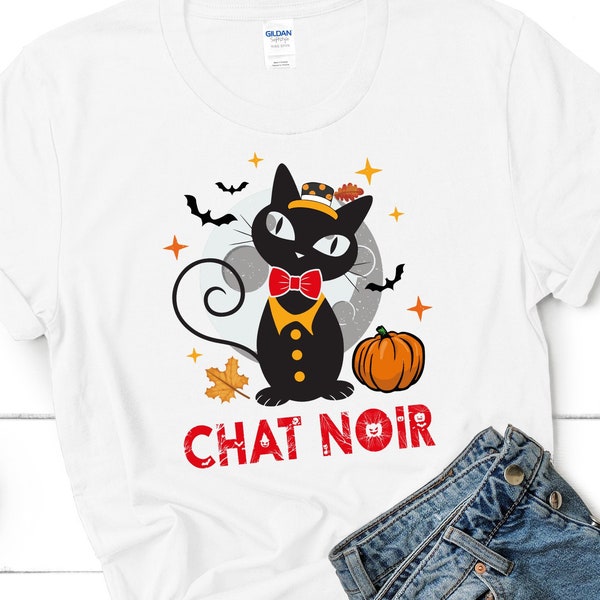 Tee Shirt Halloween Femme. Illustration Chat Noir Citrouille Chauves Souris. Joli Cadeau Maman Soeur Tante Collègue France