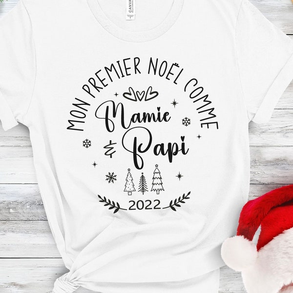 Tshirt Mon Premier Noël Comme Mamie et Papi. Cadeau Annonce de Grossesse Grands Parents Grand Mère et Grand Père Assorti et Personnalisé