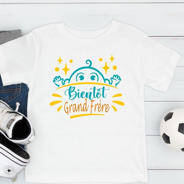 T shirt "Bientôt Grand Frère" Coton Blanc ou Rose, Idée Cadeau Annonce Grossesse et Naissance Bébé pour Petit Garçon FRANCE