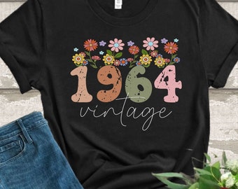 T-shirt 60 eme Anniversaire - Tee Shirt Personnalisé Date de Naissance - T Shirt Année - Design Retro Vintage Fleurs - Cadeau Femme 60 ans