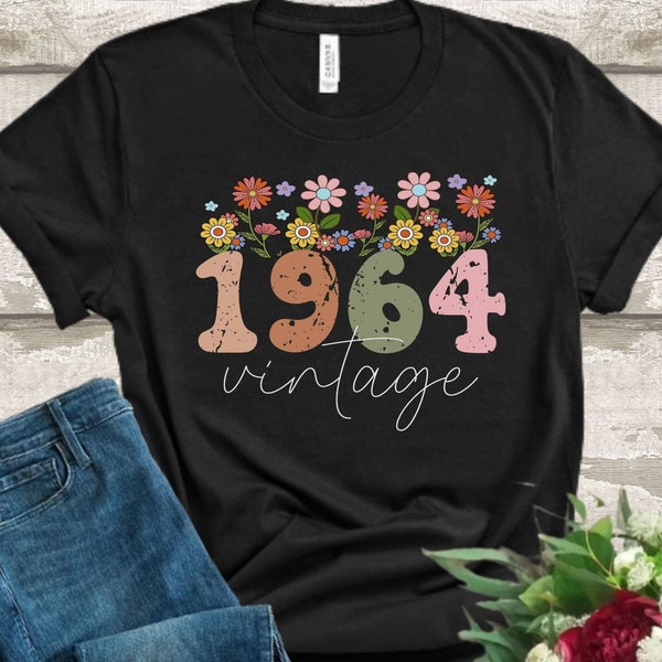 T-shirt 60 eme Anniversaire - Tee Shirt Personnalisé Date de Naissance - T Shirt Année - Design Retro Vintage Fleurs - Cadeau Femme 60 ans