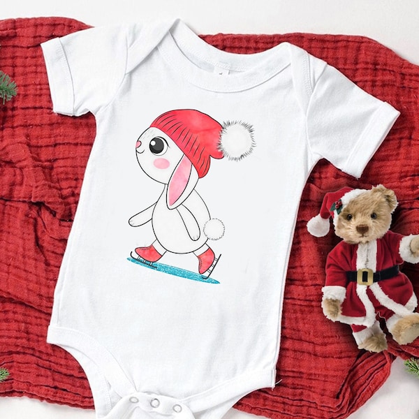 Bodie Bébé Noël Illustration Petit Lapin Mignon Bonnet Rouge Père Noël Cadeau Personnalisé Bebe2022