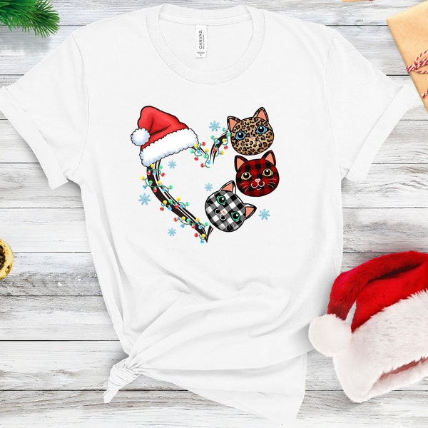 Tshirt Cadeau Noel Coeur Papillon Bonnet Père Noël Cadeau Femme Personnalisé Noel Tee Shirt Noel Maman Personnalisé Love Amour Chat Sapin