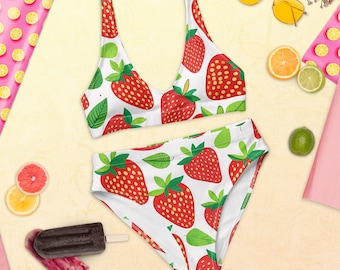 Erdbeer-Badeanzug für Damen, umweltfreundlicher Bikini, Badeanzug mit hoher Taille, Geschenk für Frau, Mädchen, Teenager, Mutter, Strand-Outfit, Sommer 2024