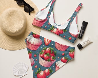 Erdbeer-Badeanzug für Damen, umweltfreundlicher Bikini, Badeanzug mit hoher Taille, Geschenk für Frau, Mädchen, Teenager, Mutter, Strand-Outfit, Sommer 2024