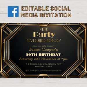 Great Gatsby Facebook-evenementbanner, digitale verjaardagsuitnodiging jaren 1920, zwart en goud Roaring 20s uitnodiging, Murder Mystery 50e verjaardag
