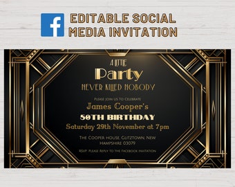 Great Gatsby Facebook Event Banner, Digital 1920s Birthday Invitation, Black and Gold Roaring 20s Invitation, Murder Mystery 50th Birthday