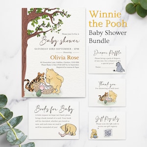 Paquete de invitaciones digitales para baby shower de Winnie the Pooh, sorteo de pañales, código QR para el registro de bebés, Winnie the Pooh vintage para niño y niña.