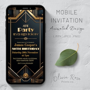 Great Gatsby Birthday Invitation Mobile evite, Speakeasy Text Message Invite, 1920s Party, Flapper Invitation, Black and Gold Art Deco Theme