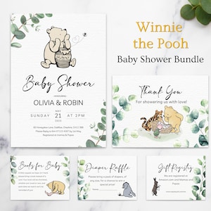 Pacchetto di inviti per baby shower Winnie the Pooh classici Winnie Pooh, lotteria dei pannolini, registro dei neonati QR Vintage Winnie-the-Pooh Boy Winnie White