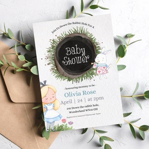 Alice In Wonderland Baby Shower Invitation Cute Alice Baby Girl Shower Invites Vintage Alice in Wonderland Baby Shower Tea Party Template