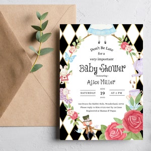 Alice In Wonderland Baby Shower Invitation, Mad Hatter Tea Party Baby Shower, Baby Girl Invite, Vintage Alice Invitation Template, Printable