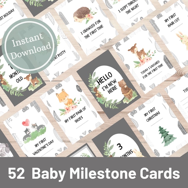 Printable Baby Milestone Cards | Baby Photo Cards | Woodland Milestone Cards | Baby Photo Prop Cards | Unisex | Fox | Grey