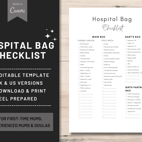Hospital Bag Checklist | UK & USA | Checklist for Mum | Checklist For Baby | Labour Checklist | Pregnancy Packing List | Maternity | PDF