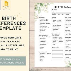 May include: A printable birth preferences checklist with a green and gold floral design. The checklist includes sections for atmosphere, delivery, after delivery, pain management, birthing positions, additional notes, pain medication, and plan to feed baby.