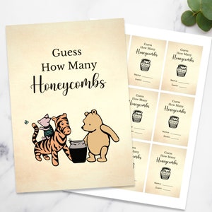 Guess How Many Honeycombs Sign | Classic Pooh Bear Baby Shower Game | Vintage Winnie The Pooh | A4 & US Letter | Baby Shower Decorations