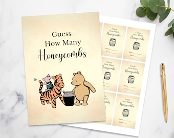 Guess How Many Honeycombs Sign | Classic Pooh Bear Baby Shower Game | Vintage Winnie The Pooh | A4 & US Letter | Baby Shower Decorations