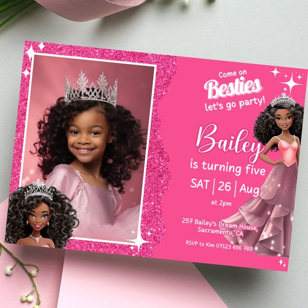 Black Doll Invitation Template, Girls Birthday Party Invitation, Sparkly Pink Evite, Princess Invitation Template, Printable Invitation Card