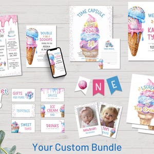 Two Scoops Twins eerste verjaardag decorbundel, Twins pastel ijs verjaardagsfeestje, dubbele uitnodiging, meisje en jongen, taarttopper