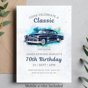 Black Vintage Car Birthday Invitation, 70th Birthday Invitation, Classic Car Lover Birthday Theme, Classic Chevy Invite, Chevrolet evite men