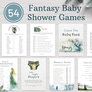 Printable Fantasy Themed Baby Shower Games, Dragon Fantasy Lover Editable Shower Games, Magic Baby Shower Signs Find the Guest Bingo, Invite