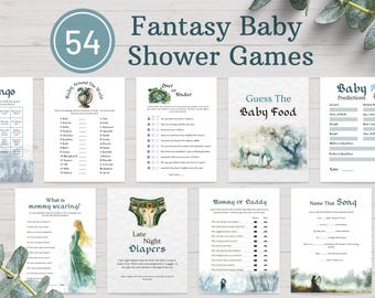 Printable Fantasy Themed Baby Shower Games, Dragon Fantasy Lover Editable Shower Games, Magic Baby Shower Signs Find the Guest Bingo, Invite