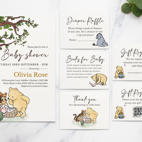 Classic Winnie the Pooh Baby Shower Invitations Bundle Winnie Pooh, Diaper Raffle, Baby Registry QR Vintage Winnie-the-Pooh Boy Winnie Girl