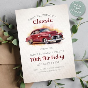 Red Vintage Car Birthday Invitation, 70th Birthday Invitation, Classic Car Lover Birthday Theme, Classic Chevy Invite, Chevrolet evite men
