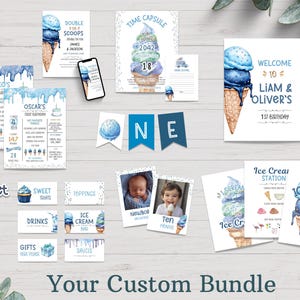 Twee scoops tweeling jongens eerste verjaardag decorbundel, tweeling blauw ijs verjaardagsfeestje, dubbele uitnodiging, jongenstweeling, taarttopper