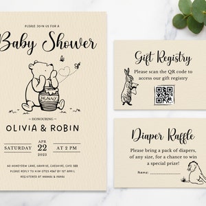 Winnie the Pooh Baby Shower Invitaciones / Rifa de Pañales / Registro de Bebé QR / Baby Shower Temático Clásico de Winnie the Pooh / Plantilla Imprimible
