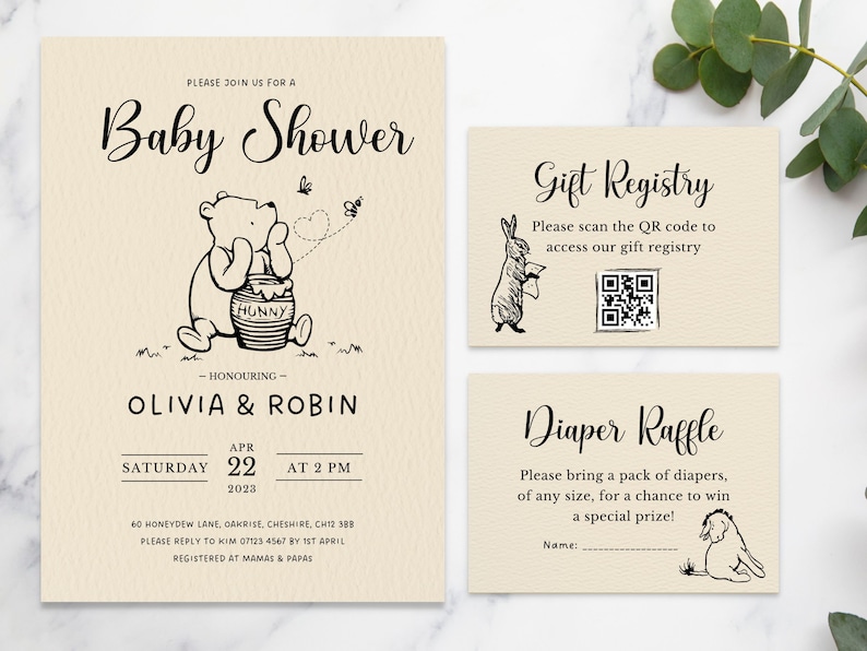 Winnie the Pooh Baby Shower Invitations Diaper Raffle Baby Registry QR