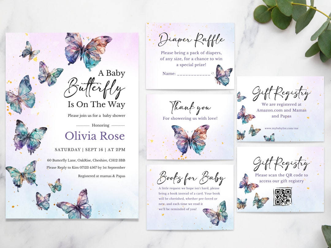 Purple Butterfly Baby Shower Invitation Bundle Butterfly Invite, Diaper ...
