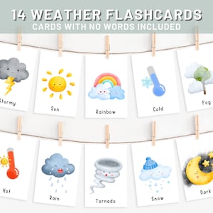 14 flashcards meteorológicos para crianças | Flashcards meteorológicos sem palavras | Primeiras palavras para crianças | Jardim de Infância | Montessoriano | Imprimível