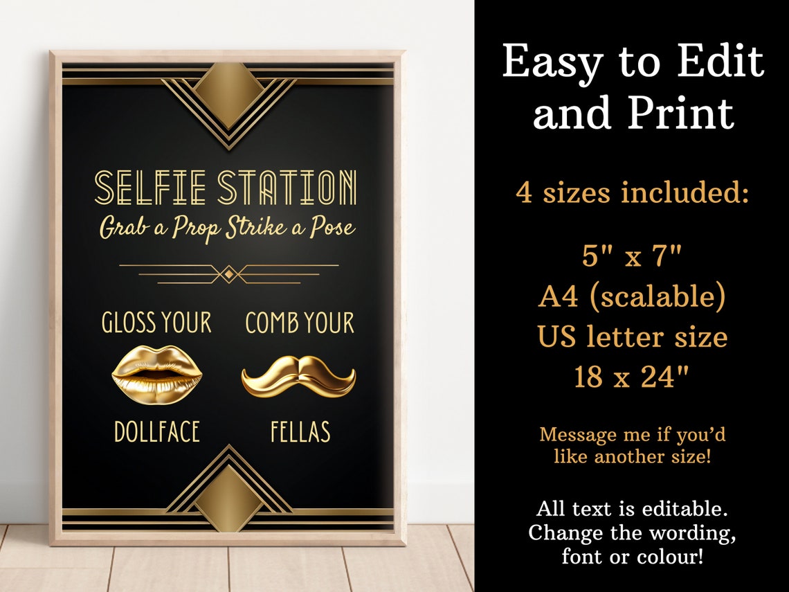 Selfie Station Great Gatsby Party Sign, Editable Speakeasy Party Photo ...